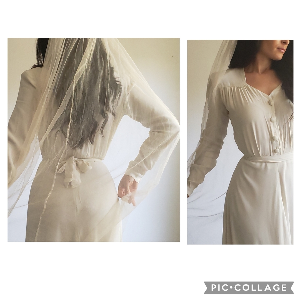 1940s Vintage Bridal Wedding Gown Dress Veil Belt - Picture 4 of 14